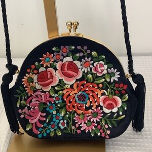 Black and Floral Embroidered Crossbody Bag With Side Tassels Christmas New Years